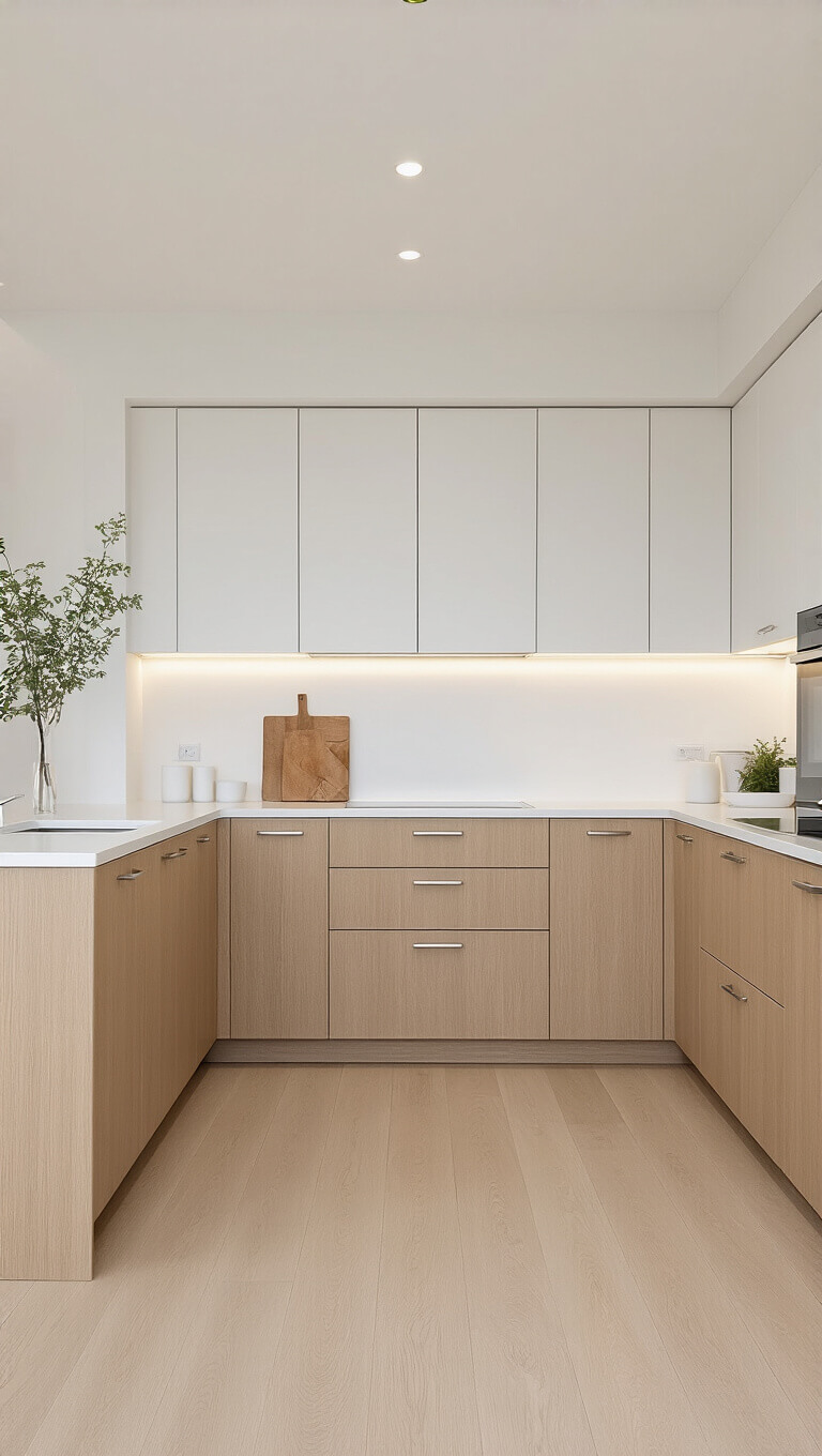 Scandinavian minimal kitchen with light brown cabinets, white counters, pale wood floors, and soft daylight in a serene, symmetrical layout.
