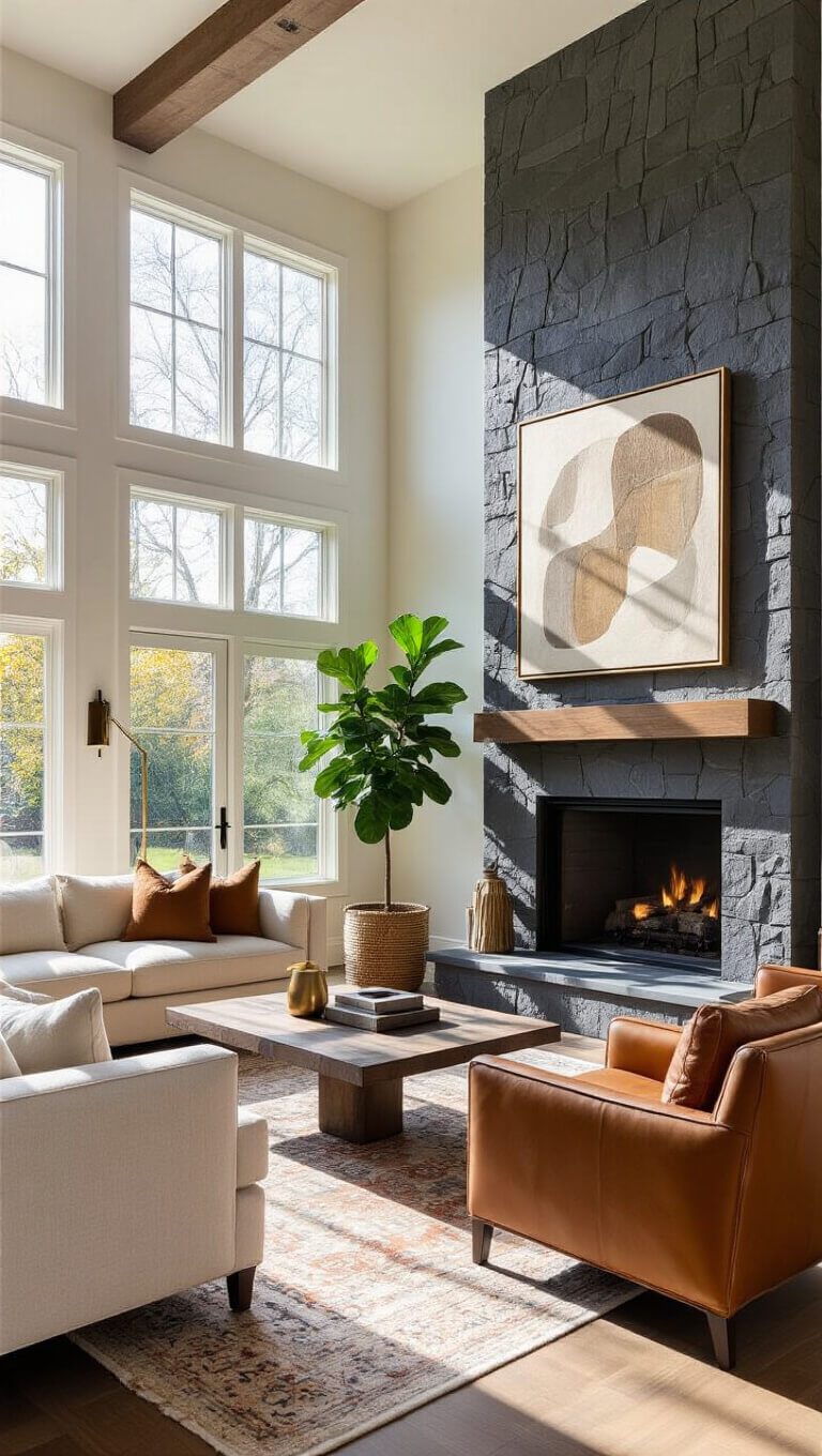 Corner floor-to-ceiling stone fireplace with black metal surround and walnut mantel in sunlit living room with angled furniture, abstract art, and fiddle leaf fig.