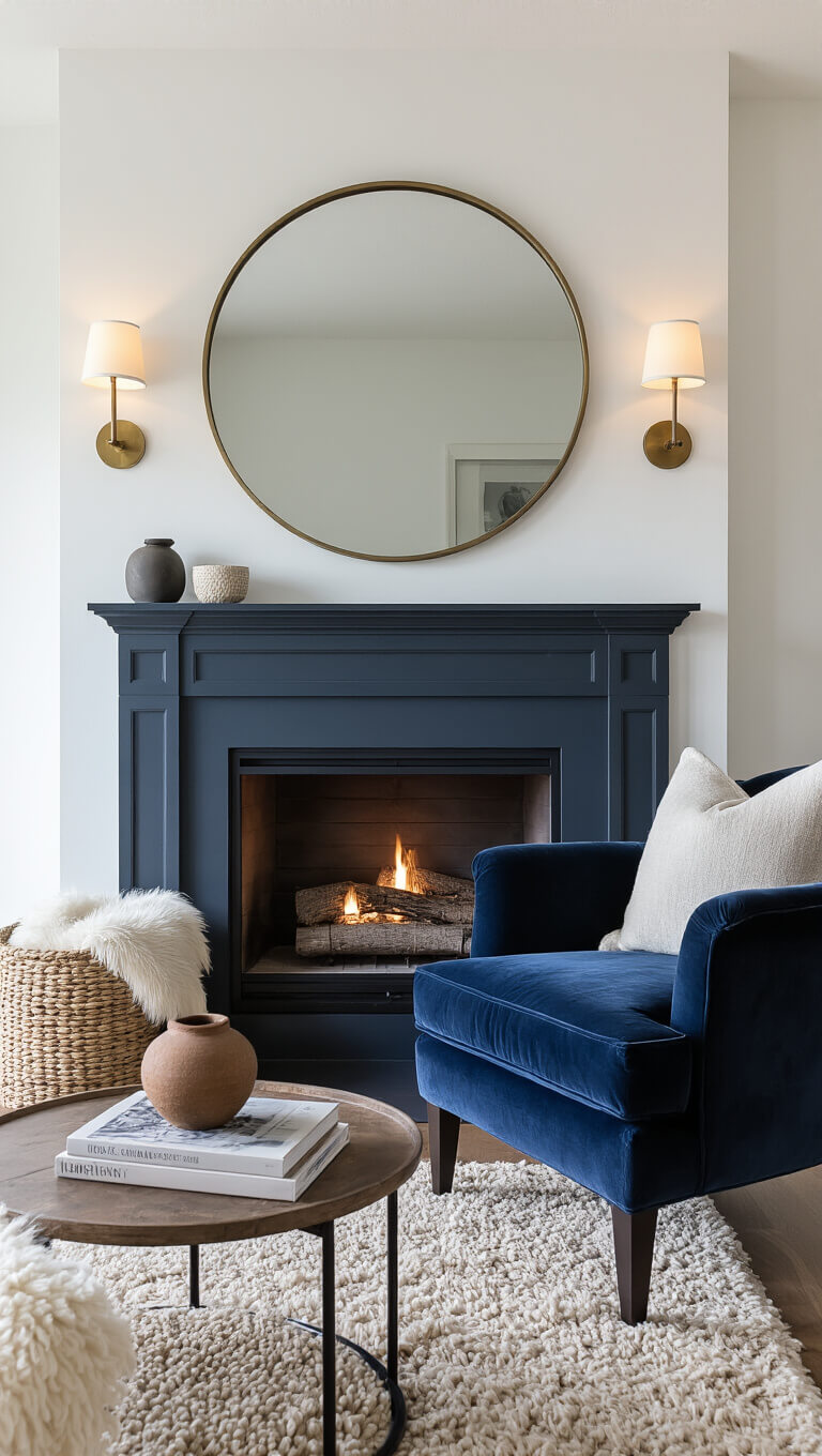 Modern corner fireplace with charcoal surround and ambient lighting in cozy white-walled room featuring navy velvet armchair, brass sconces, round mirror, and natural textured accents.