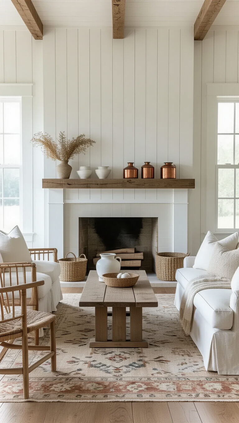 Farmhouse-style corner fireplace with vertical shiplap, raw wood mantel displaying vintage decor, and linen slipcovered seating on a faded oriental rug in a bright, coastal-inspired living room.