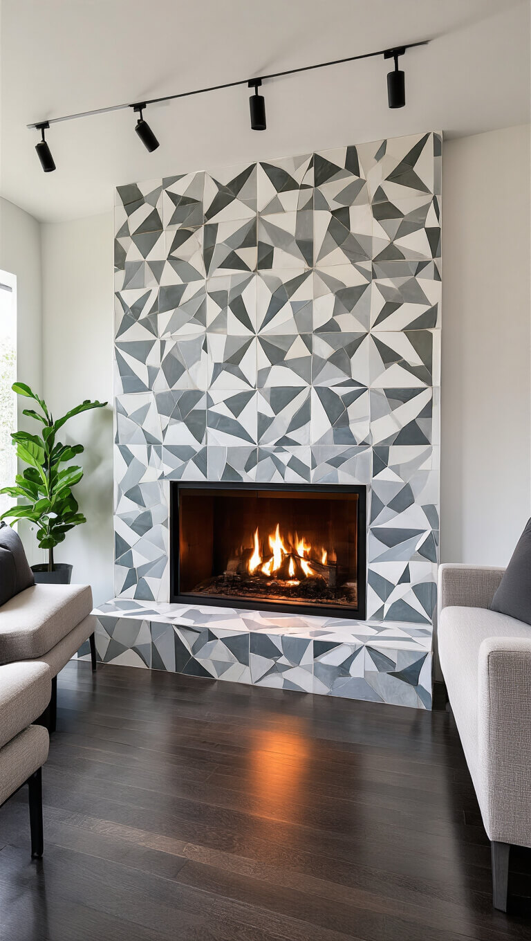 Contemporary corner fireplace with geometric gray and white tile surround, modern neutral furnishings, track lighting, and dark hardwood floors in a sunlit room with tall ceilings.