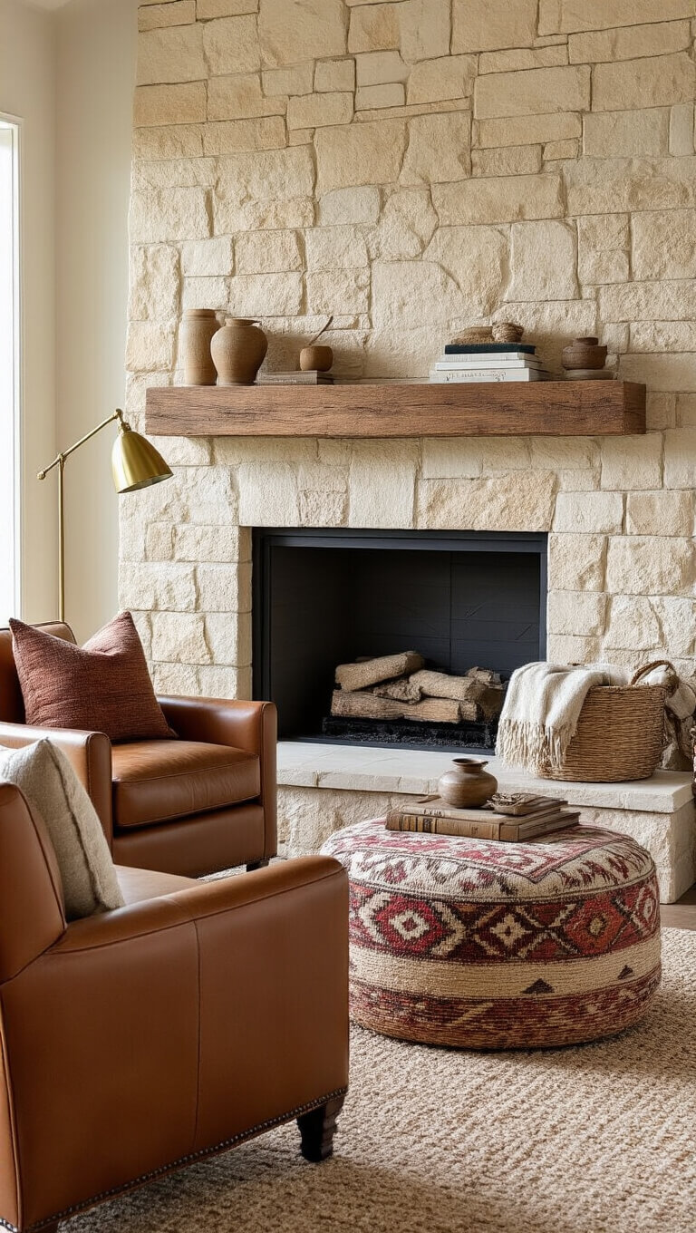 Cozy corner fireplace with warm beige stone veneer, timber mantel, leather reading chair, kilim ottoman, brass floor lamp, and layered decor in jewel tones.
