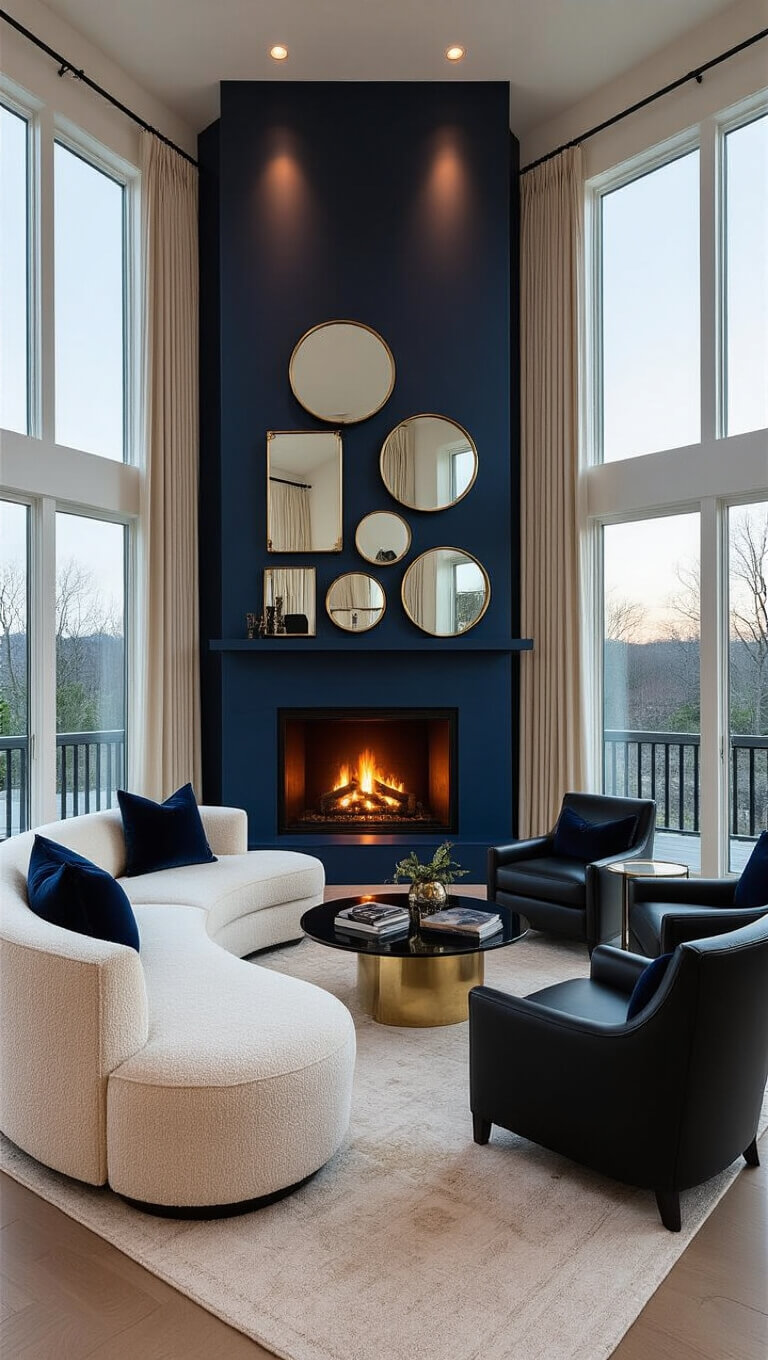 Dusk-lit great room with navy corner fireplace featuring brass inlays, cream bouclé curved sofa, black leather chairs, glass tables, vintage mirrors, and moody accent lighting.