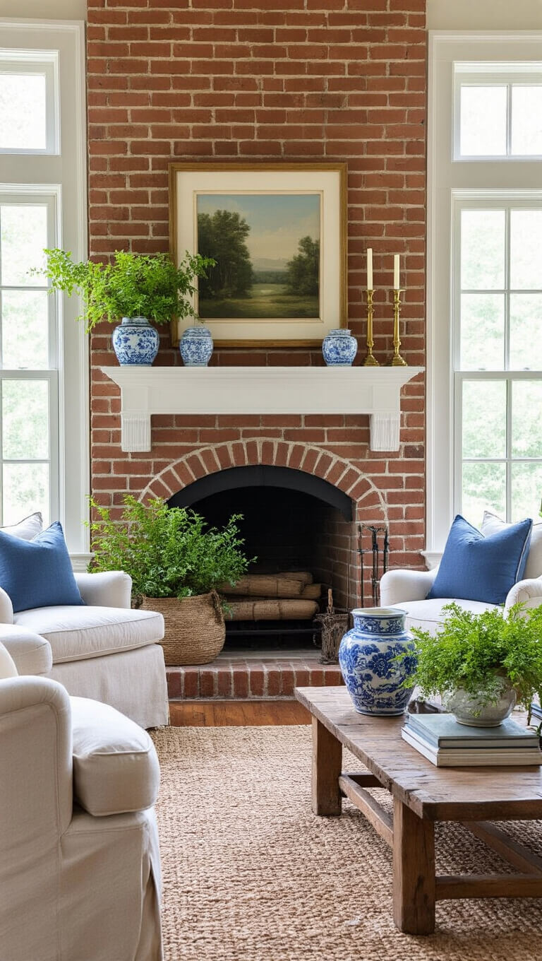 Transformed brick corner fireplace with limewash in bright morning light, surrounded by transitional furniture, vintage decor, and natural accents.
