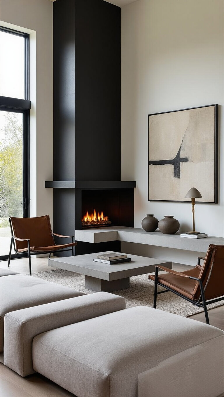Modern minimalist corner fireplace with black metal surround, floating concrete hearth, and low-profile furniture in late afternoon light.
