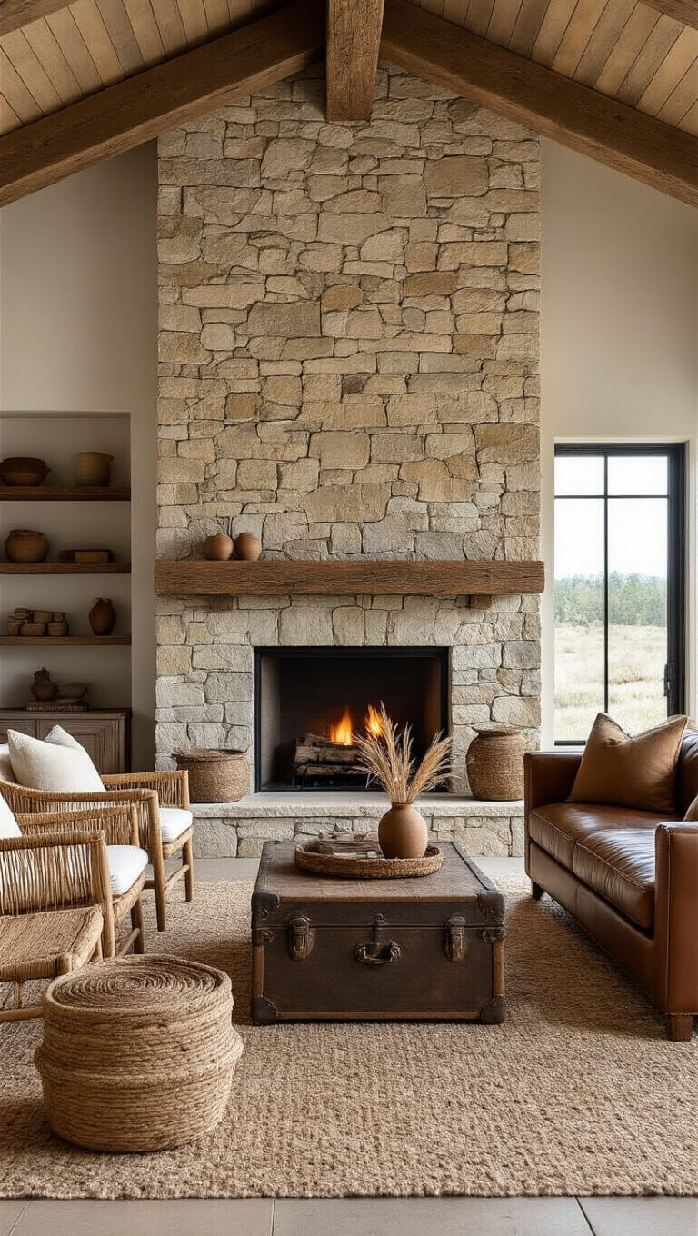 Rustic-modern corner fireplace with stacked stone, reclaimed wood mantel, golden hour lighting, leather sofa, woven chairs, vintage trunk coffee table, and natural decor accents.