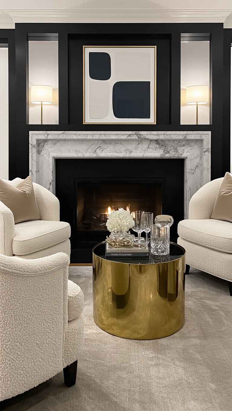 Elegant corner fireplace with black gloss surround, marble hearth, ivory bouclé barrel chairs, brass table, and modern art, styled with crystal and nickel decor during blue hour lighting.