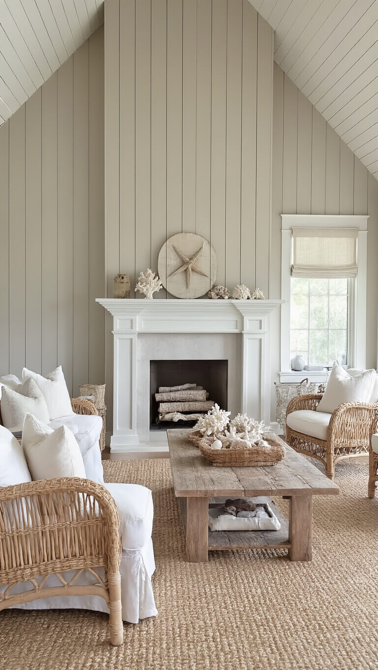 Coastal living room with sunlit corner fireplace, warm greige vertical shiplap, slipcovered seating, woven chairs, and nautical decor in soft beach tones.