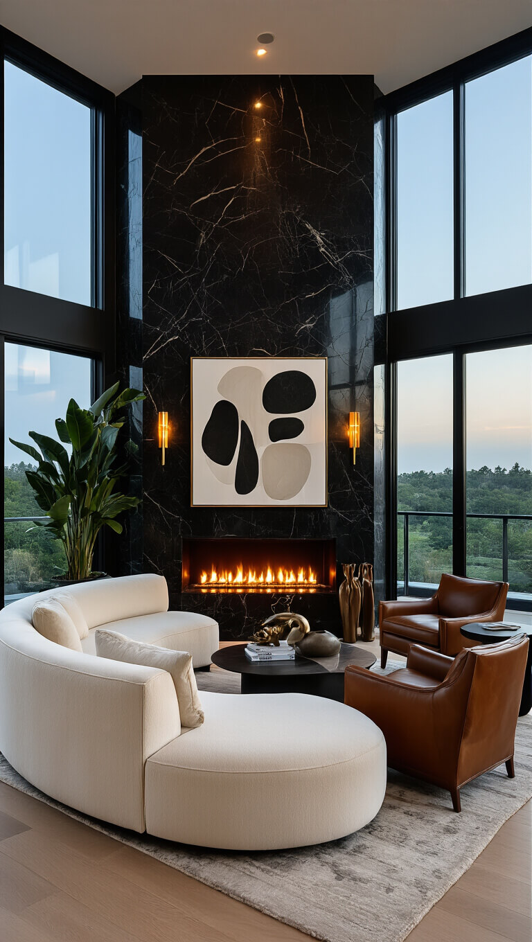 Moody evening shot of a contemporary corner fireplace with black marble surround, cream curved sofa, vintage leather chairs, and luxe lighting accents.