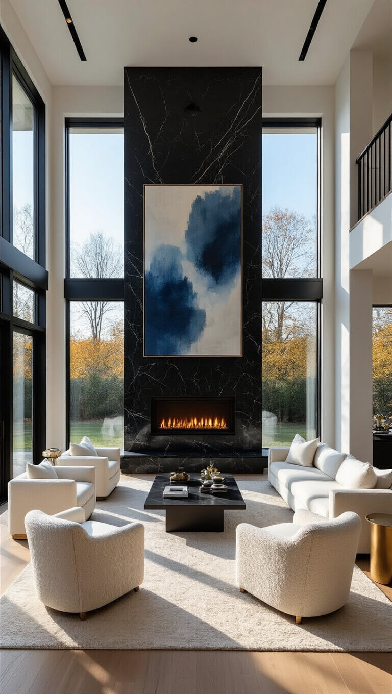 Dramatic two-story living room at golden hour with soaring windows, 20-foot black marble fireplace, minimalist white sectional, brass accents, and abstract artwork.