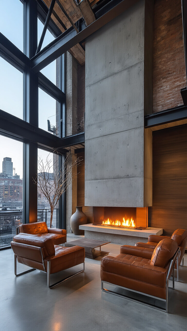 Modern loft interior at dusk with tall concrete fireplace, warm LED lighting, cognac leather chairs, exposed steel beams, and polished concrete floors.