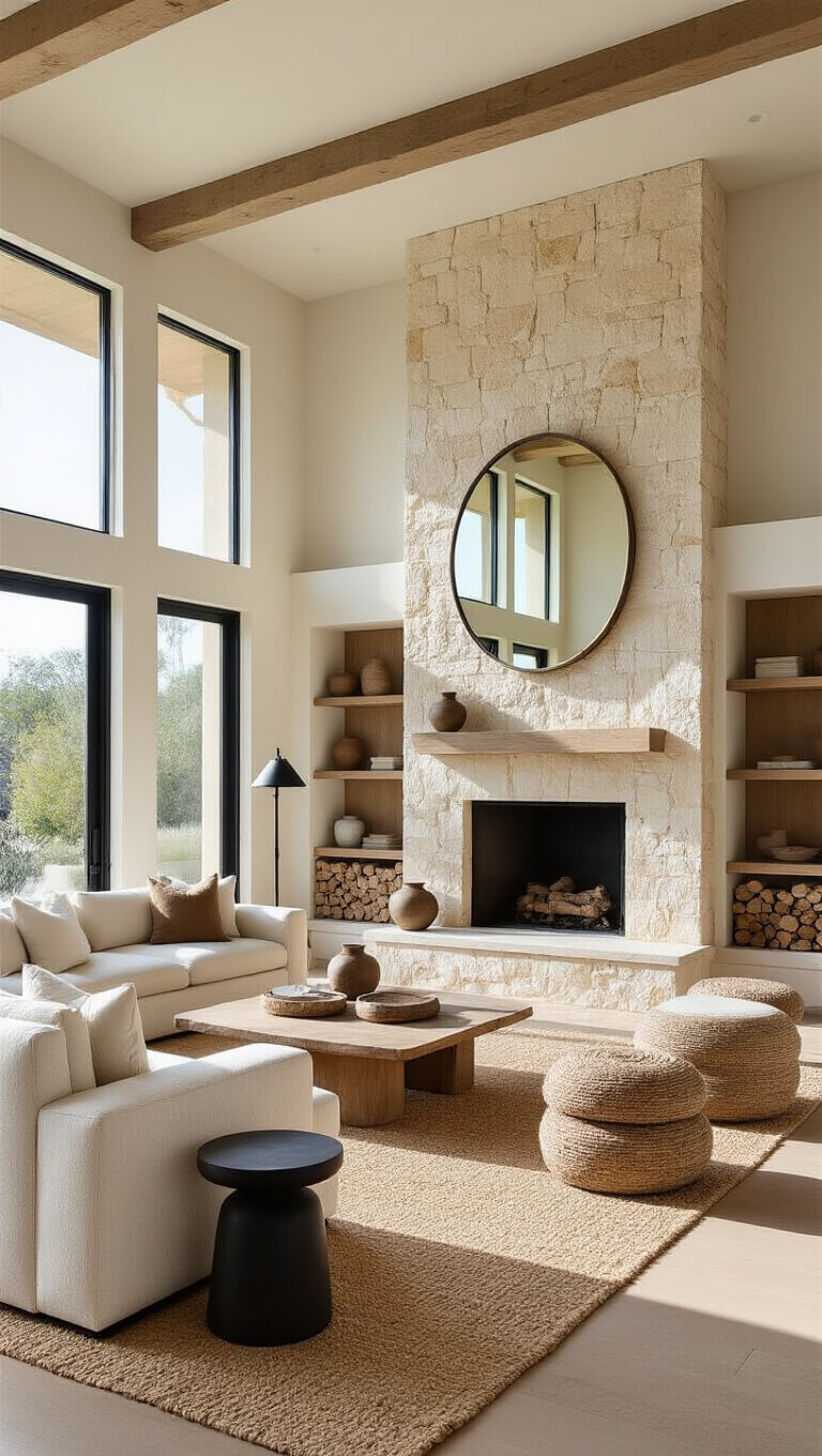 Contemporary great room with limestone fireplace, cream bouclé sectional, and natural textures in morning light.