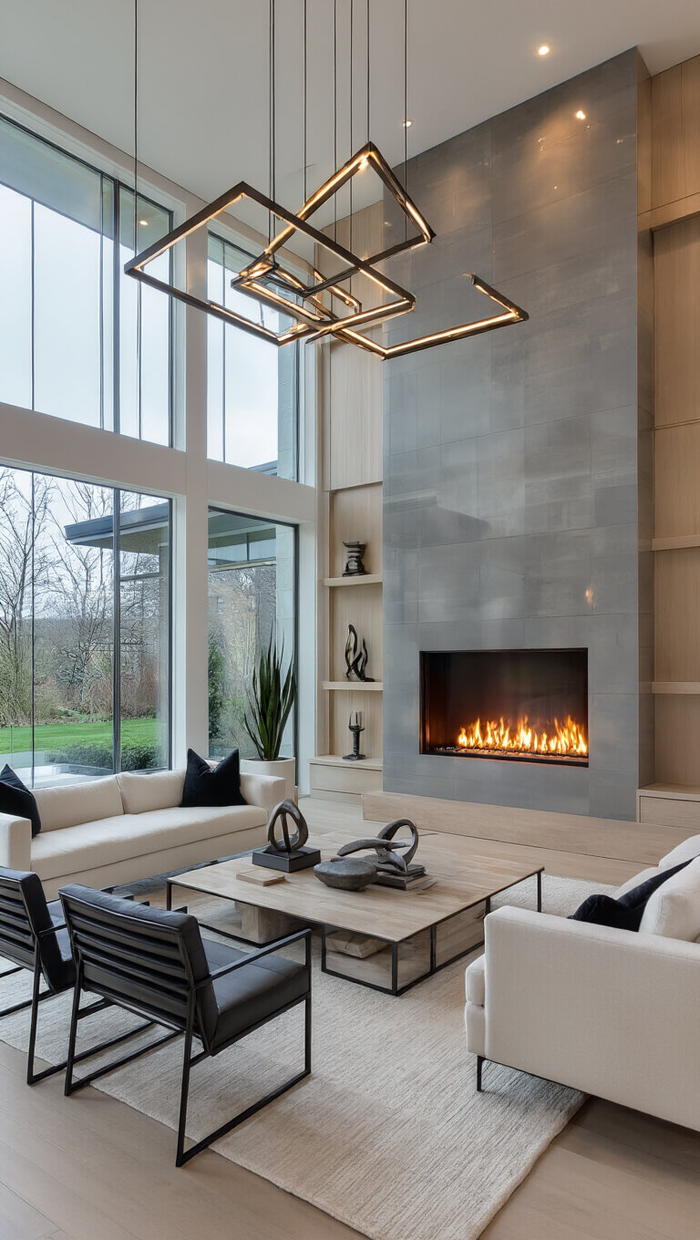 Modern twilight interior with two-story glass fireplace, ivory seating, black metal accents, and dramatic pendant lighting.