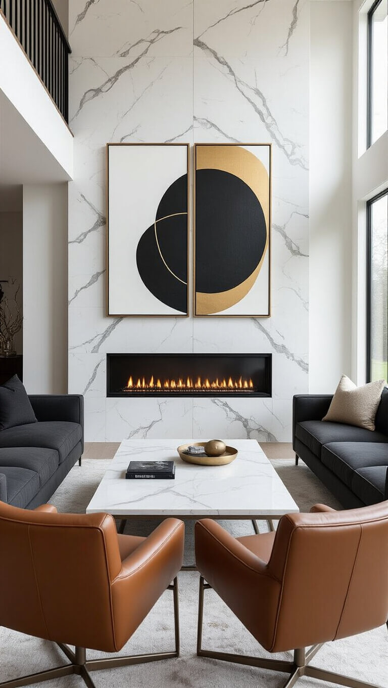 Modern double-height living room with marble fireplace, charcoal sectional, and cognac chairs, featuring abstract art and mixed metal finishes.