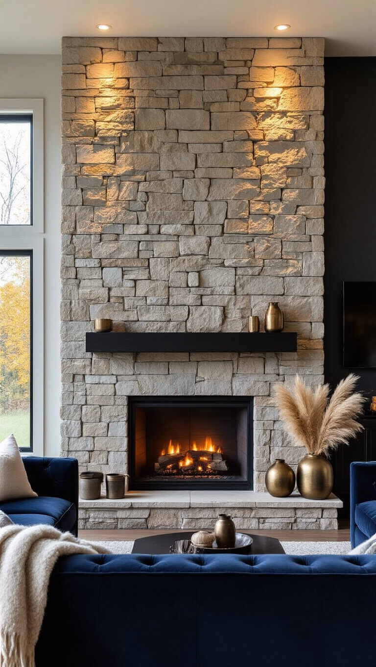 Cozy fall living room with stacked stone fireplace, navy velvet seating, blackened steel accents, warm LED lighting, and autumnal decor.