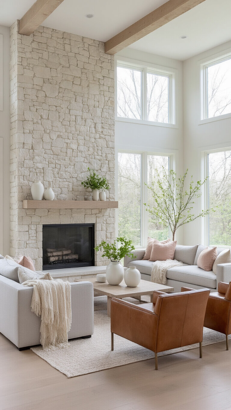 Modern living room with limestone fireplace, light gray sectional, vintage leather chairs, and natural light from clerestory windows.