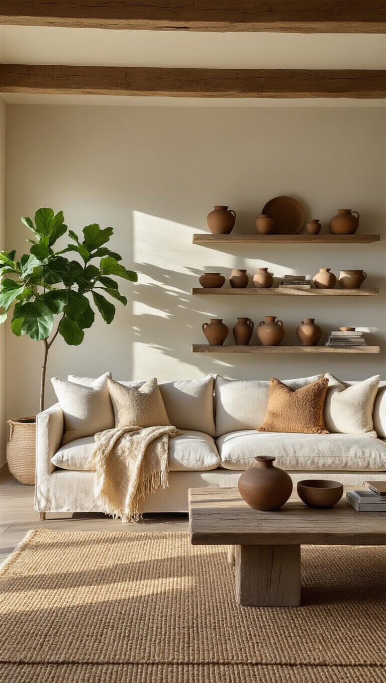Sunlit living room with linen sofa, ceramic decor, jute and wool rugs, and vintage pottery on wooden shelves at golden hour.