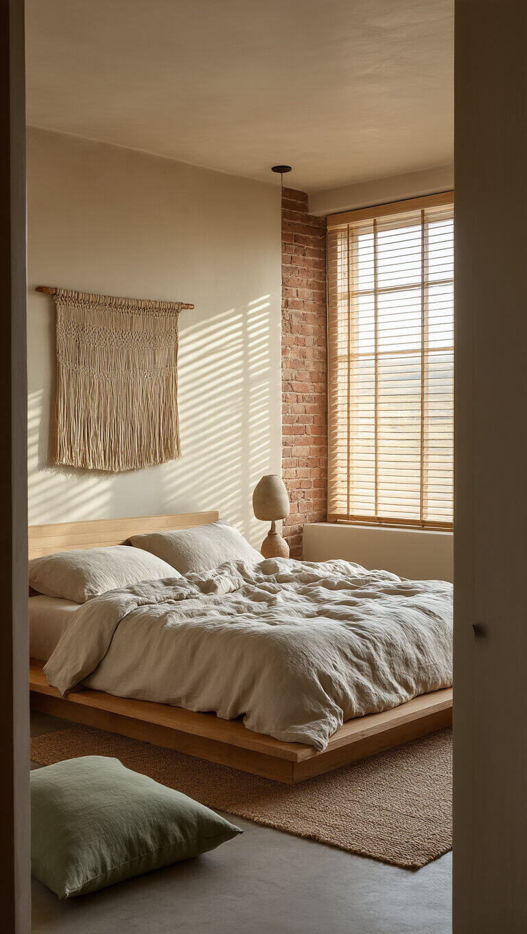 Intimate bedroom at dawn with exposed brick wall, unstained cedar platform bed with rumpled ivory linen, handwoven wall hanging, ceramic lamp on weathered bedside table, bamboo blinds filtering cool morning light, and raw silk cushions in sage and clay tones.