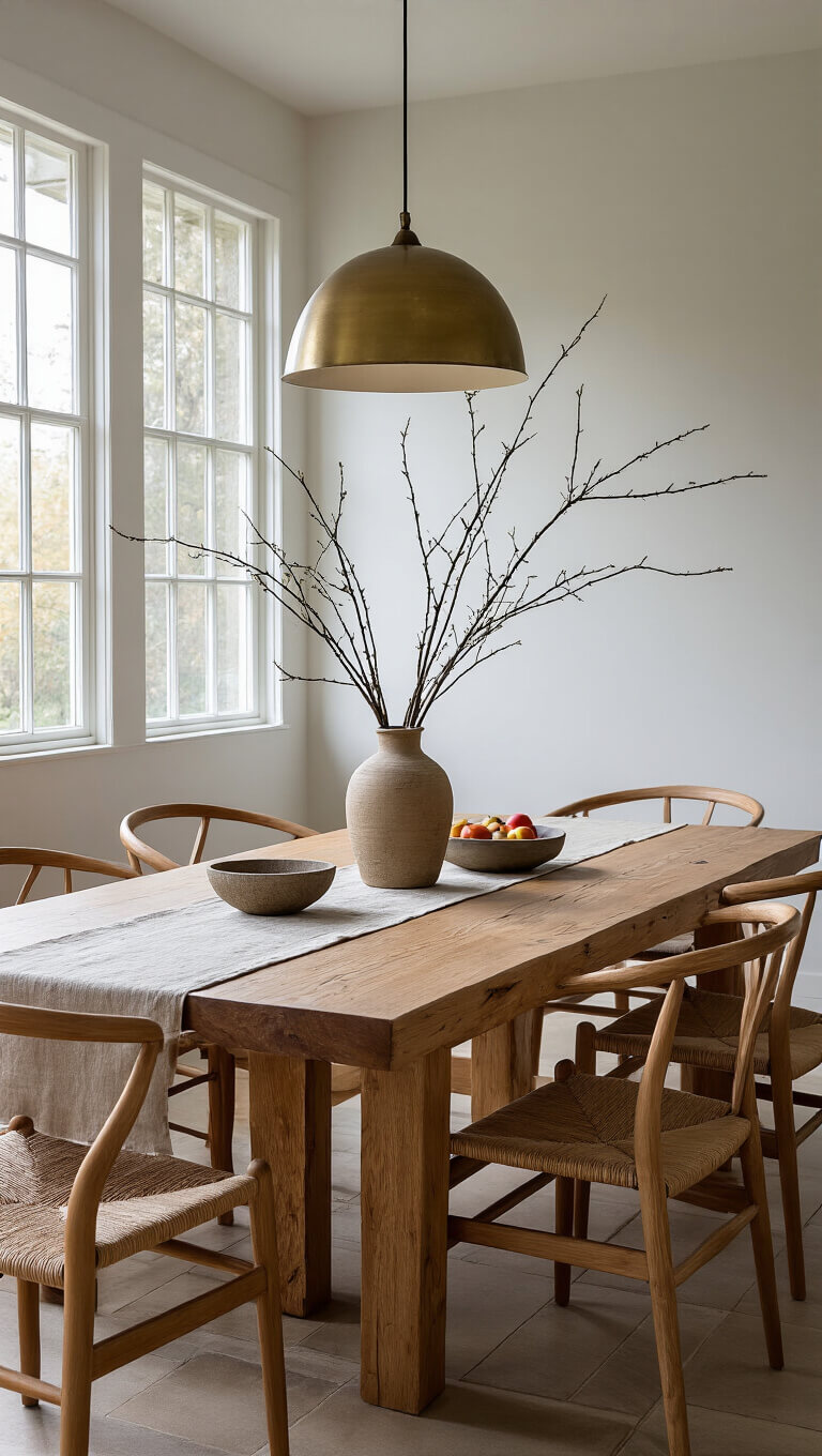 Minimalist dining space with long wooden table, handcrafted chairs, tall windows, and warm pendant light at dusk.
