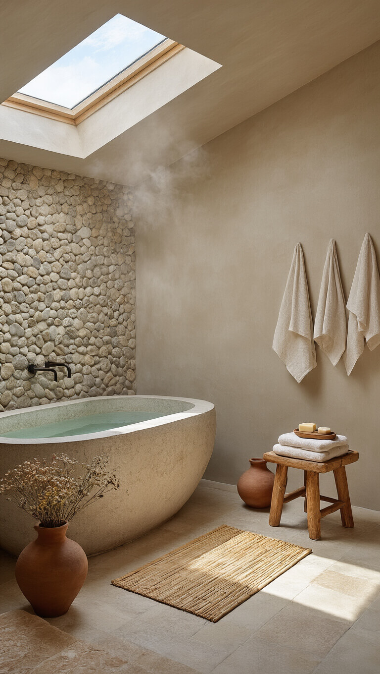 Zen-style bathroom with stone soaking tub, bamboo mat, and natural decor seen from above in soft morning light.
