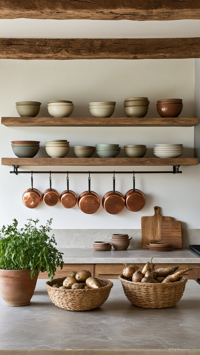Macro view of rustic kitchen with exposed beams, open shelves of earth-toned ceramics, aged copper pots, stone countertops, wooden cutting boards, fresh herbs, and root vegetables in woven basket.