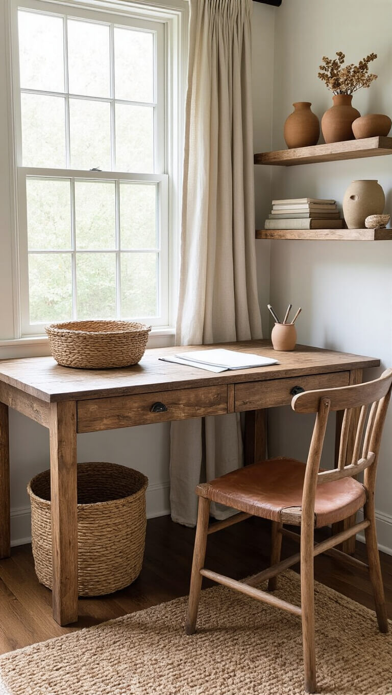 Home office nook with reclaimed wood desk, vintage chair, and natural decor in soft afternoon light.