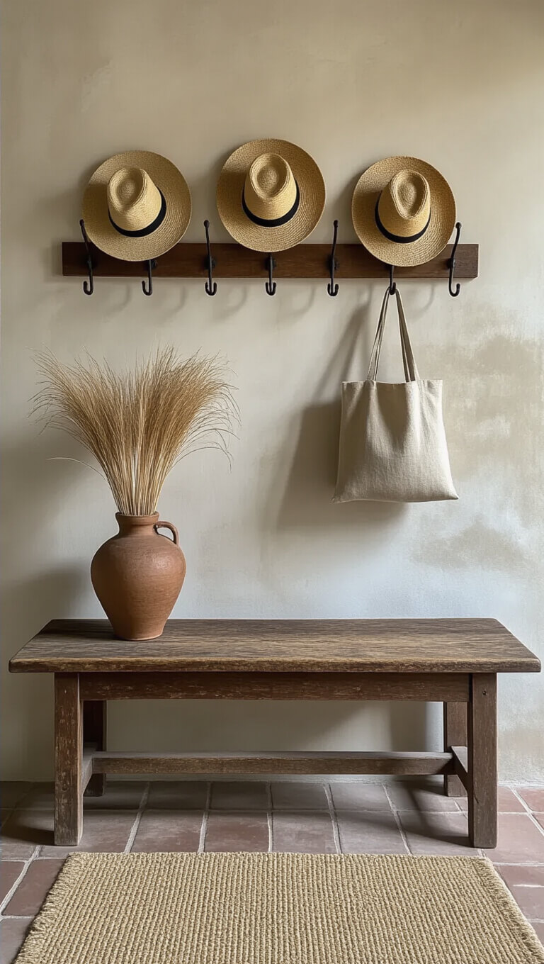 Rustic entryway with antique wooden bench, iron hooks holding straw hats and linen bags, ceramic umbrella stand, natural fiber mat, and dried grasses in an earthenware vase against textured plaster walls.