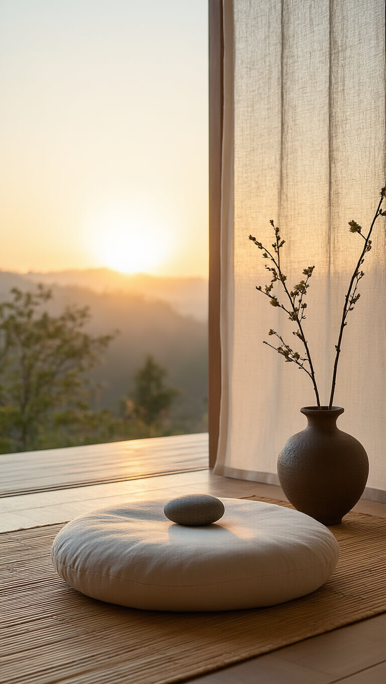 Minimalist meditation corner at sunrise with raw silk zafu on bamboo mat, handmade ceramic incense holder, ikebana in bronze vessel, sheer linen curtain, and single river stone in soft morning light.