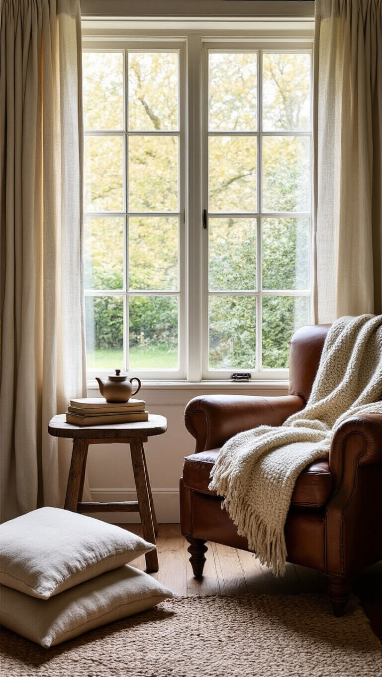 Cozy reading nook with vintage leather armchair, wool throw, ceramic tea set on wooden table, linen curtains framing garden view in golden afternoon light.
