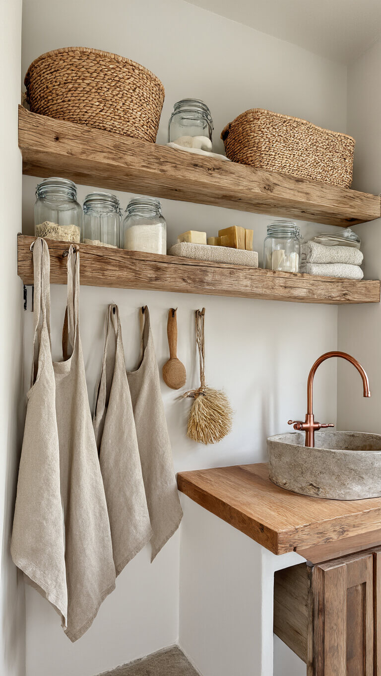 Straight-on view of a small laundry room with open wooden shelves holding woven baskets, glass jars, wooden-handled cleaning tools, linen aprons on pegs, handmade soap on ceramic dishes, a wood-grain countertop, and a stone sink with a copper faucet.