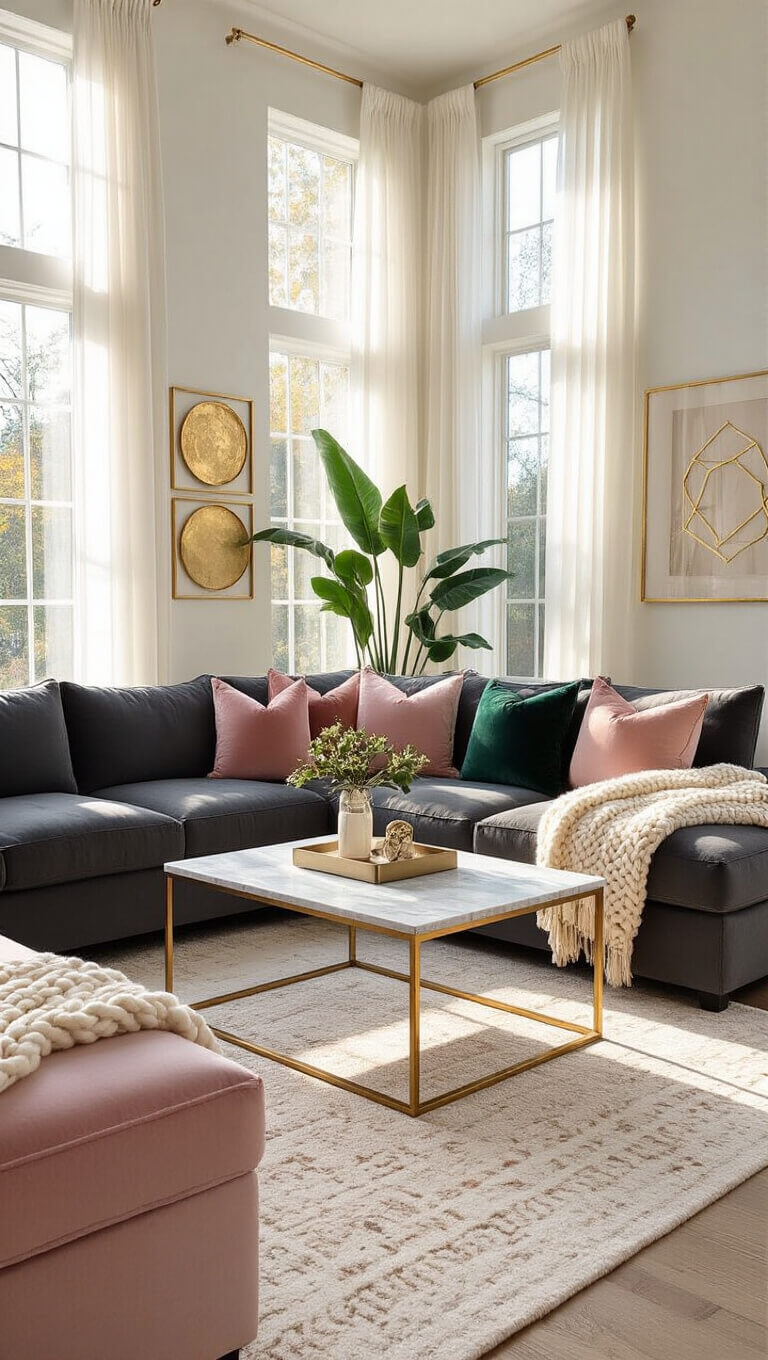 Modern living room with charcoal gray sectional, brass and marble coffee table, blush pink accents, gold wall art, and sunlight streaming through sheer curtains.