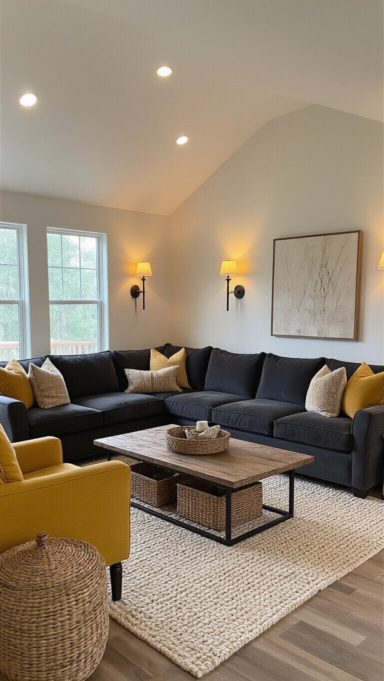 Cozy 18x20ft family room with vaulted ceiling at dusk, featuring ambient lighting, charcoal velvet sectional, mustard yellow chairs, rustic wood coffee table, ivory rug, woven baskets, and black metal accents.