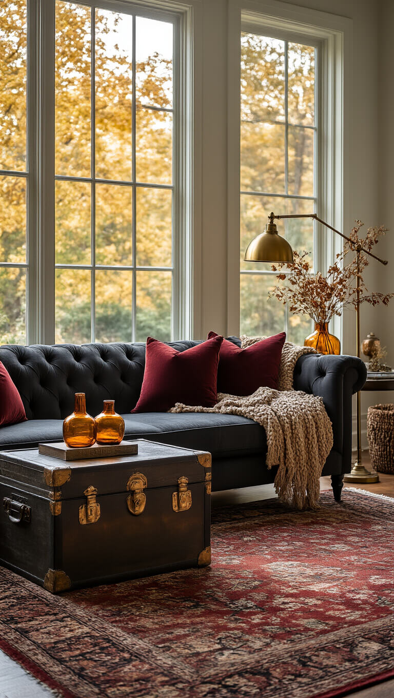 Moody autumnal living room with charcoal tufted sofa, burgundy and copper accents, vintage trunk coffee table, oriental rug, and golden afternoon light streaming through picture window.
