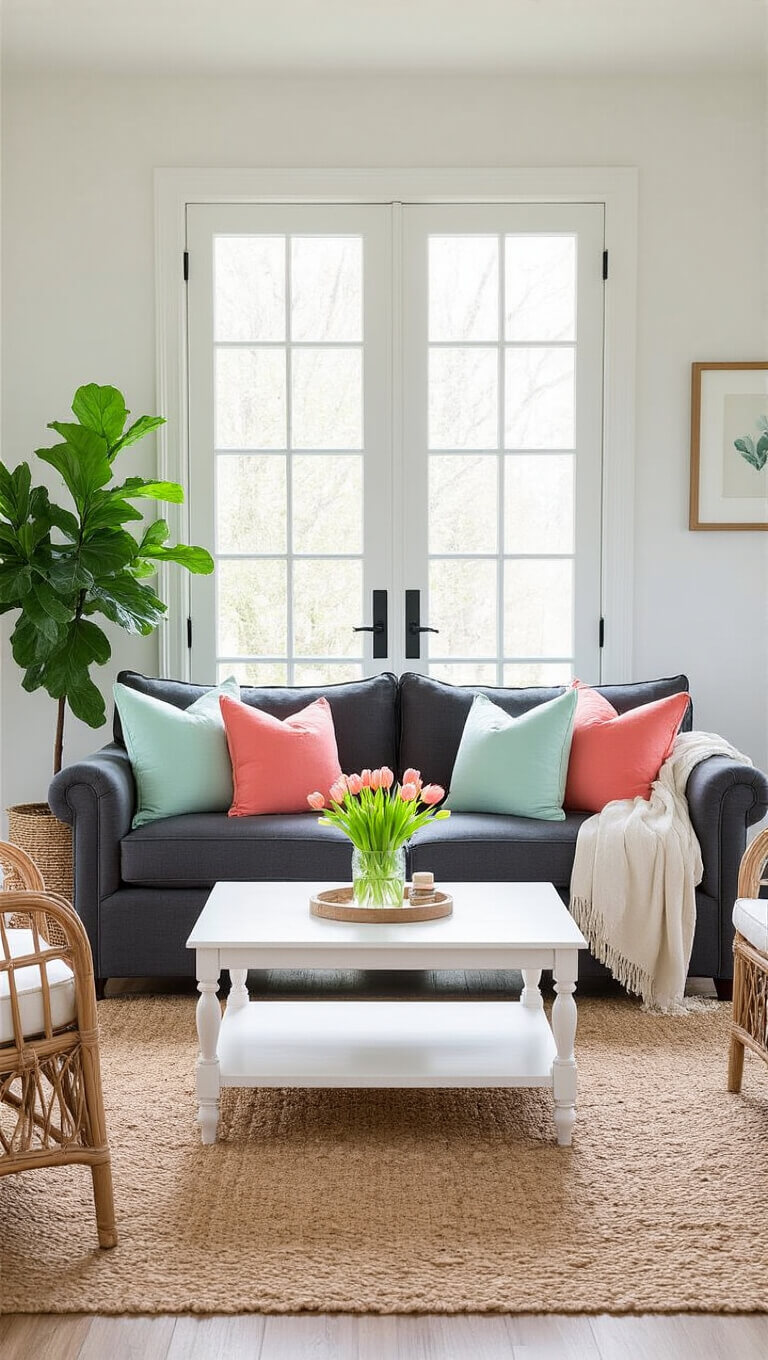 High-angle view of a bright spring living room with French doors, charcoal linen sofa with mint and coral pillows, white coffee table with tulips, jute rug, rattan chairs, and a potted fiddle leaf fig.