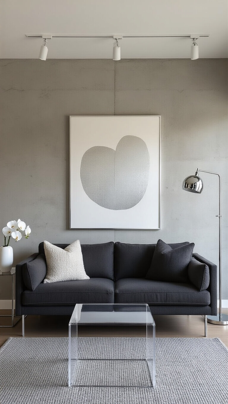 Minimalist 14x16ft design studio with charcoal bouclé loveseat, concrete wall, clear acrylic side table, white orchid, chrome floor lamp, abstract white and silver artwork, grey sisal rug, and gallery-style track lighting.