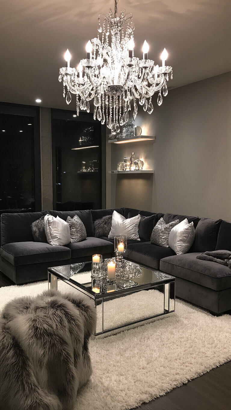 Luxurious evening living room with charcoal velvet sectional, silver pillows, faux fur throws, mirrored coffee table, crystal chandelier, white shag rug, and ambient lighting from candles and recessed LEDs.