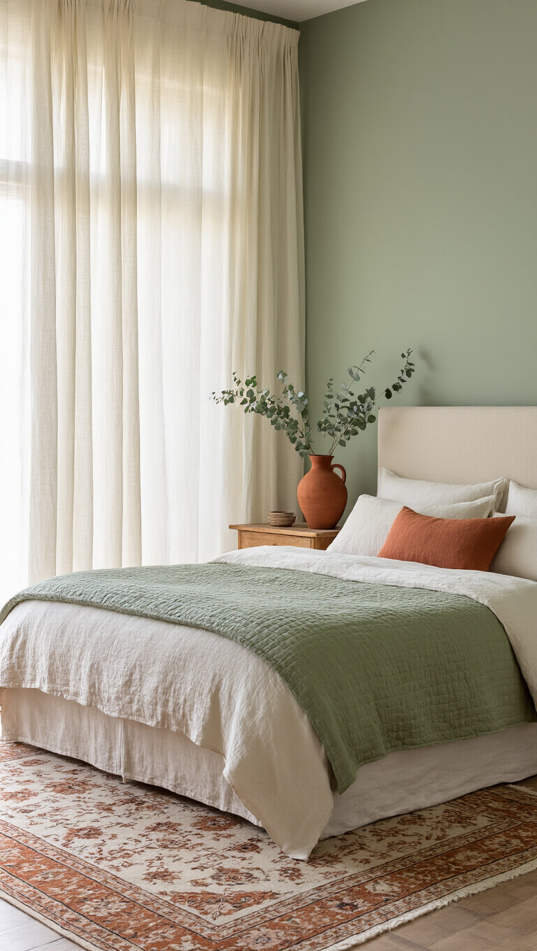Cozy bedroom with sage green accent wall, cream upholstered bed, layered white and green bedding, terracotta throw, light wood nightstands with ceramic vases, and soft morning light streaming through sheer curtains.
