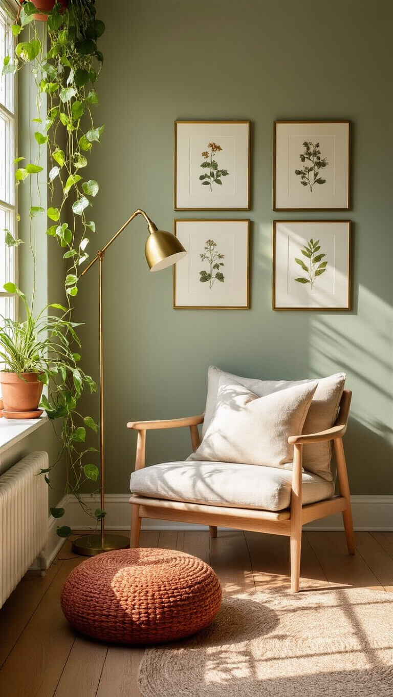 Cozy bedroom nook with oatmeal linen chair, botanical gallery wall, floor pouf, brass lamp, and cascading pothos plants in golden hour lighting.