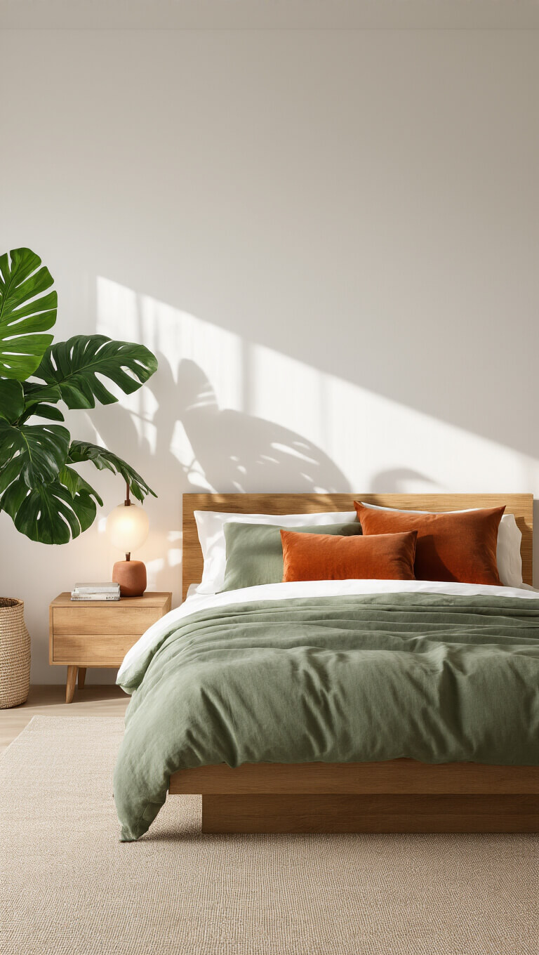 Twilight bedroom with modern platform bed, layered green and terracotta bedding, warm-lit nightstands, and large monstera plant casting shadows.