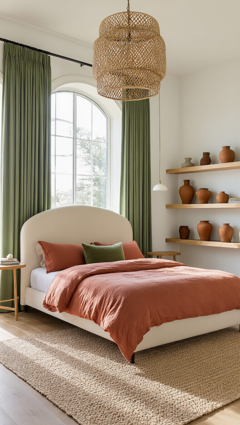 Midday-lit master bedroom with floor-to-ceiling sage velvet drapes, cream bouclé headboard, terracotta and moss green bedding, oak shelves with earth-toned pottery, and rattan pendant light.