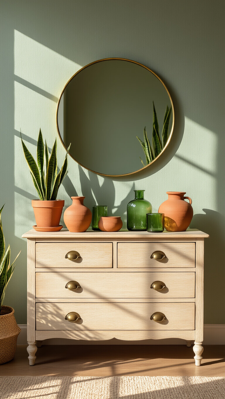 Vintage bleached oak dresser with terracotta and green glass decor, brass mirror reflecting morning light, snake plants, and sage green textured wallpaper.