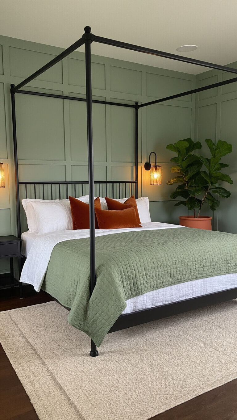 Modern bedroom at dusk with black metal four-poster bed, sage green paneled wall, layered white and sage bedding, rust velvet pillows, warm sconces, and fiddle leaf figs in terracotta planters.