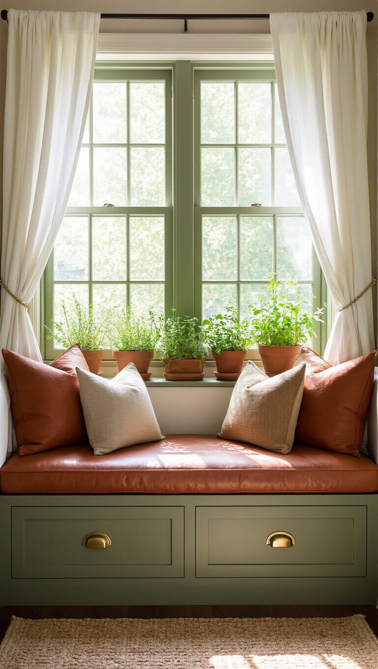 Sunlit sage green window seat with built-in storage, terracotta leather cushions, earth-tone pillows, sheer white curtains, and potted herbs on the windowsill.