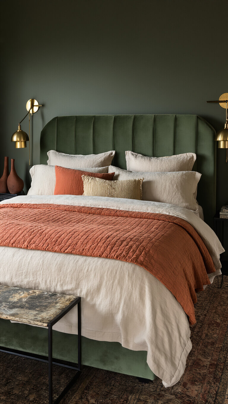 Moody evening bedroom with sage green velvet bed, layered cream and terracotta bedding, earth-tone pillows, brass wall sconces, and rust ceramic sculptures on black side tables.