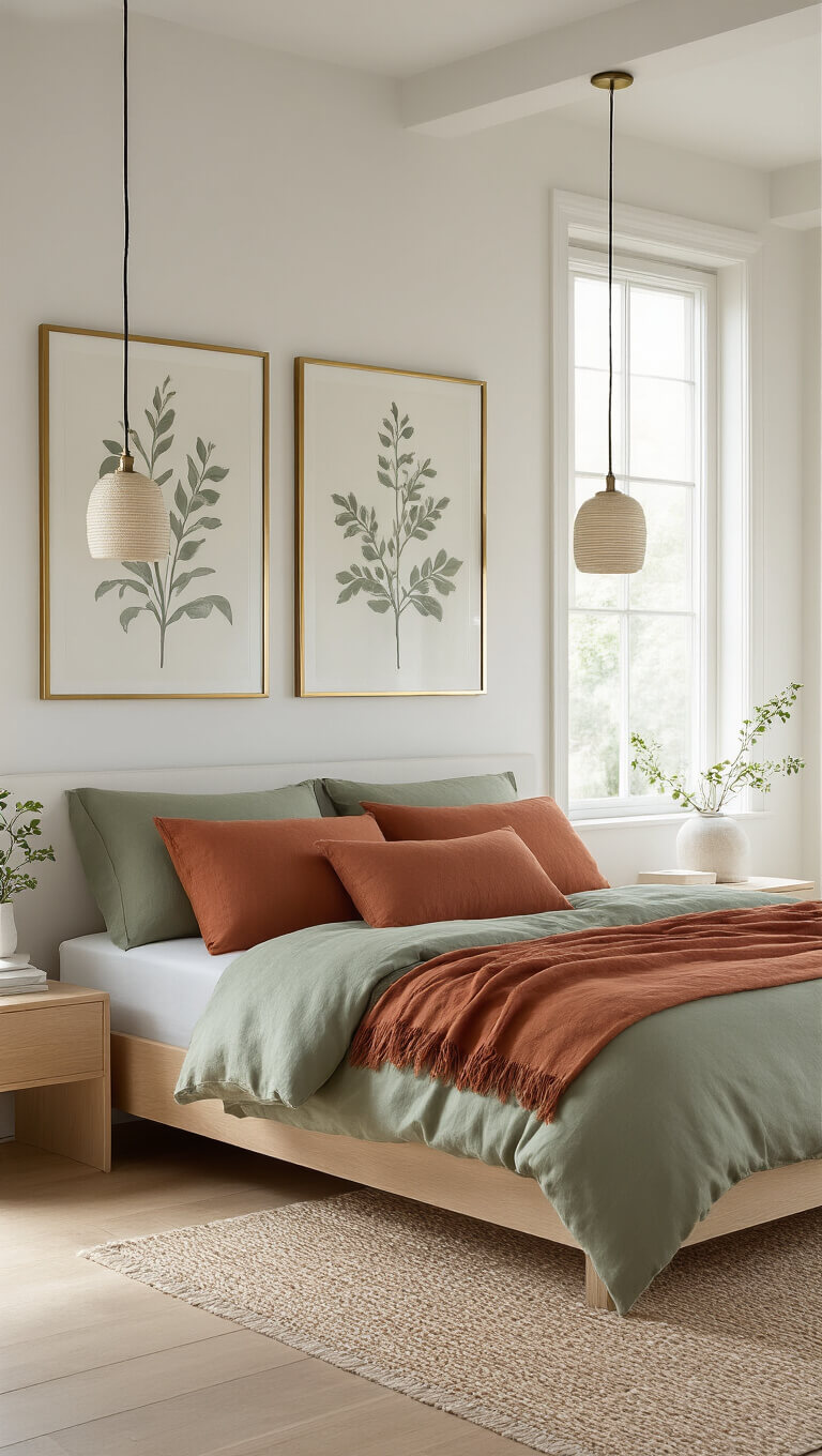Minimalist bedroom with light oak platform bed, sage green linens, terracotta accents, brass-framed botanical art, and ceramic pendant lights in bright natural afternoon light.