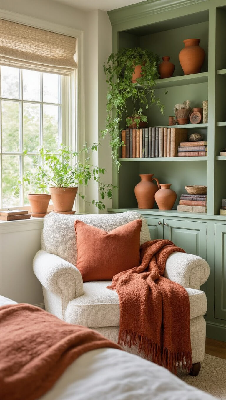 Cozy reading corner with sage green bookshelf, terracotta pottery, vintage books, trailing plants, and cream boucle chair with rust throw in soft morning light.