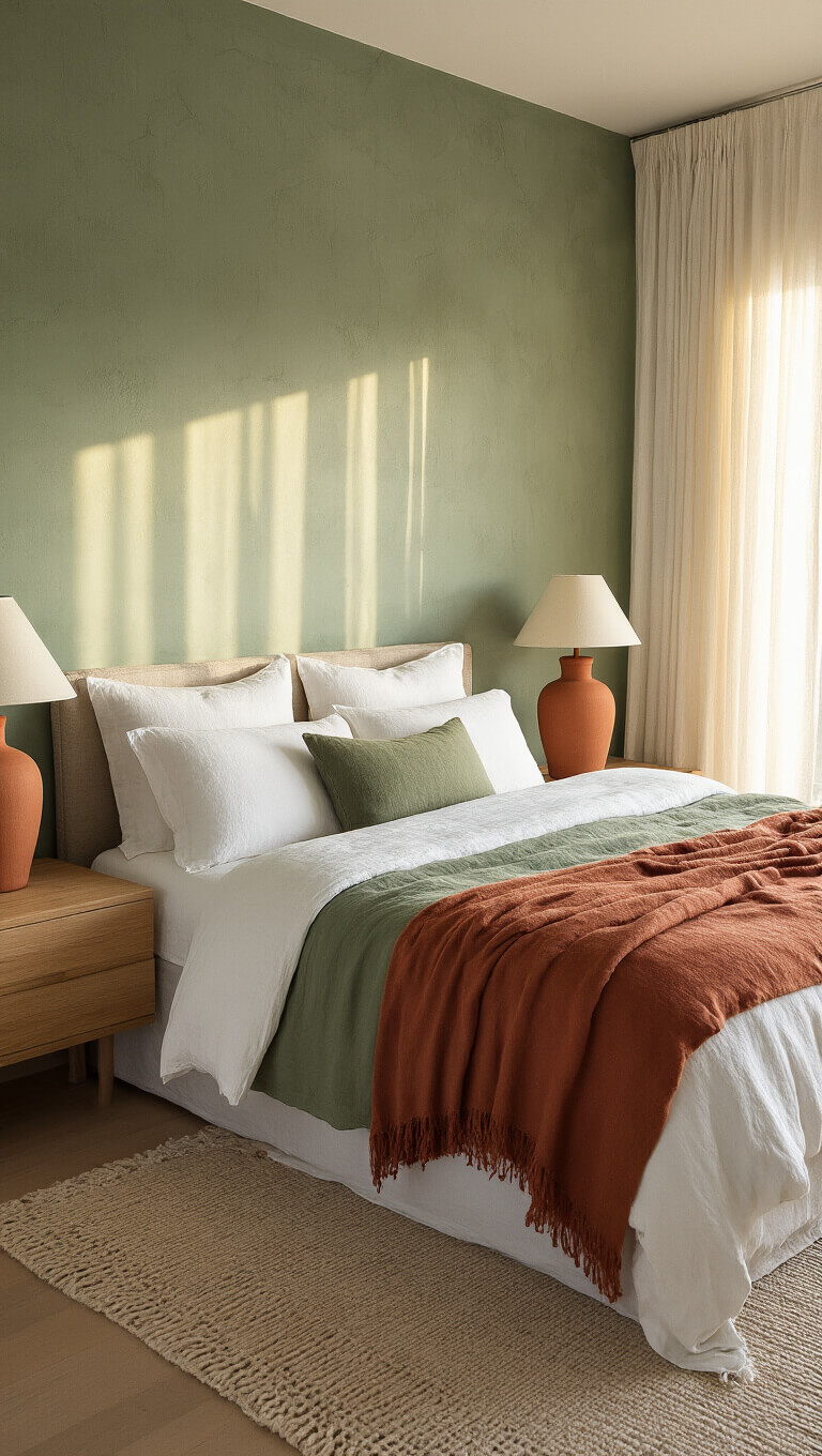 Golden hour bedroom with sage green textured statement wall, king bed in white, moss green, and rust linens, terracotta lamps on oak nightstands, sunlit through sheer curtains.
