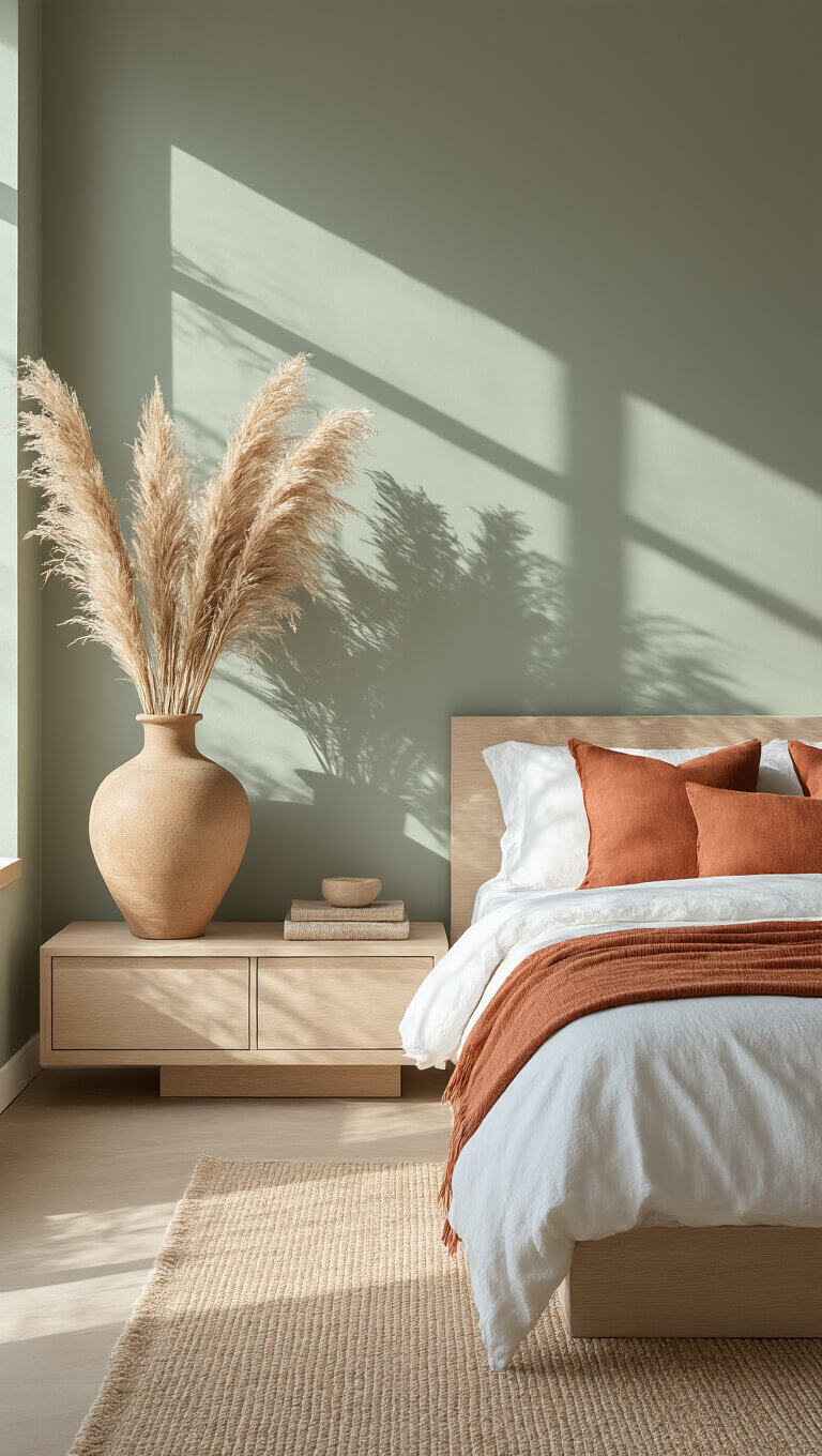 Minimal sage green bedroom with platform bed, white linens, terracotta accents, and pampas grass in ceramic vase under diffused midday light.