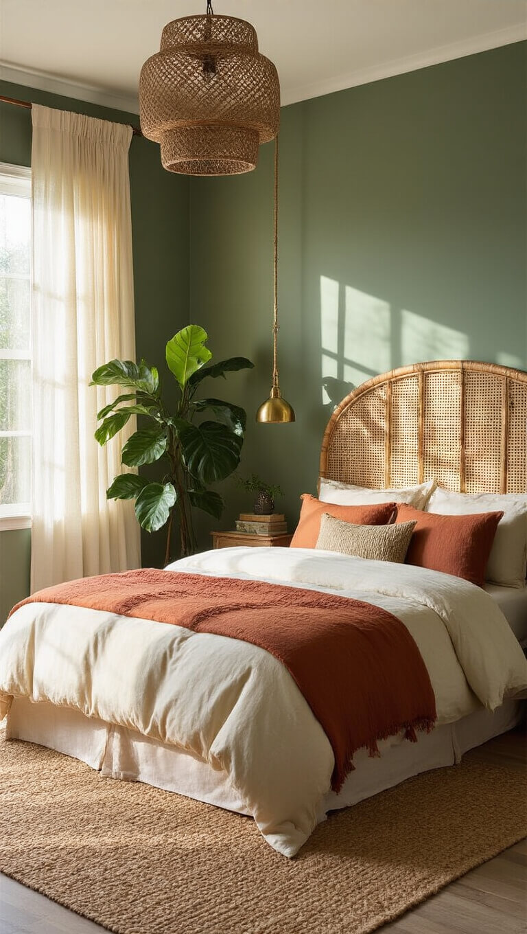 Sunlit boho bedroom with sage green accent wall, rattan headboard, layered earth-tone bedding, lush plants, and natural textures in warm golden hour lighting.