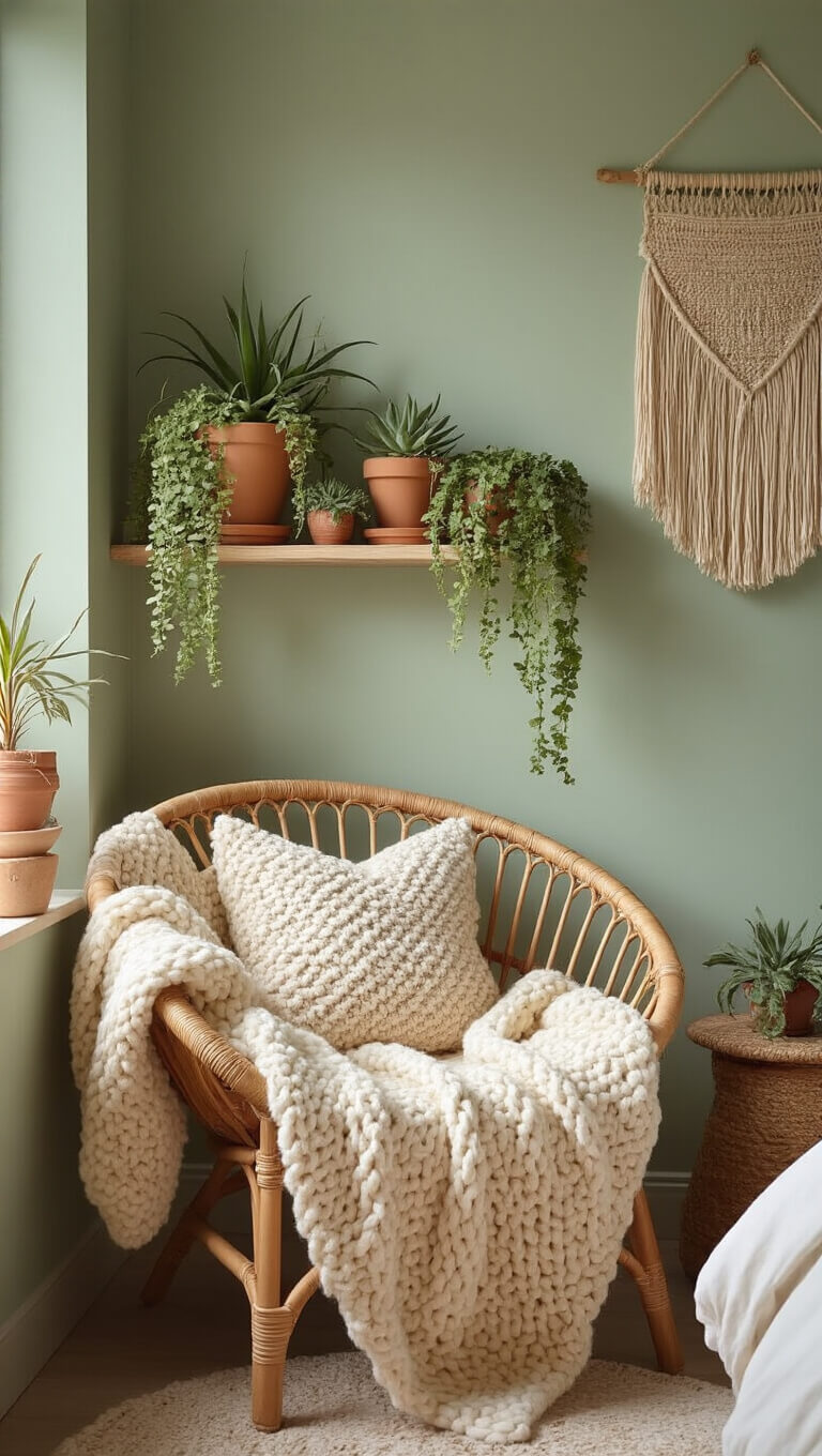 Cozy boho bedroom nook with rattan chair, knit throw, plant shelf, and sage green wall in soft morning light.
